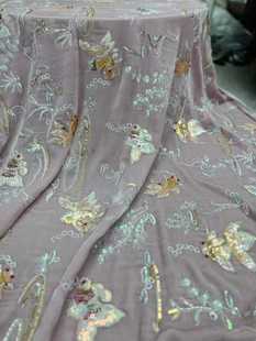 海底世界重工真丝丝绒刺绣布料秋冬高定马甲外套棉服桑蚕丝面料