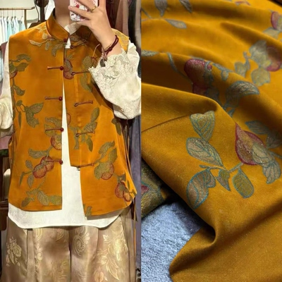 柿柿如意羊毛人丝织金提花面料国风新中式马甲外套服装定制布料