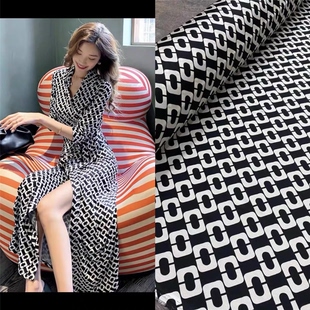 大牌dvf黑白印花弹力斜纹真丝布料高定夏季 面料垂 连衣裙裹裙衬衫