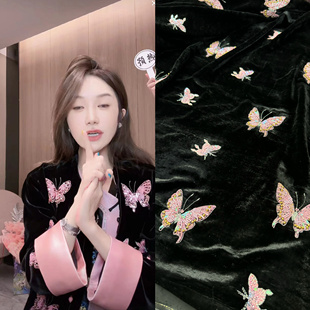 爆款三色真丝丝绒重工刺绣面料蝴蝶花高定外套马甲新中式上衣布料