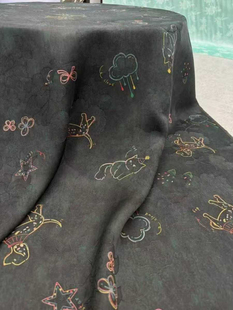 高定新品卡通小猫真丝透孔花罗红云纱面料新中式上衣外套服装布料