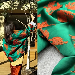 新品绿色底黄色库缎重工刺绣面料国风新中式上衣外套马甲服装布料