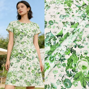 面料 半裙服装 夏季 清新绿色印花真丝弹力双绉布料度假风连衣裙衬衫