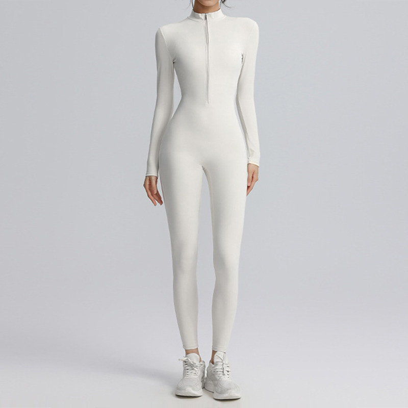 立领半拉链长袖裸感瑜伽服连体衣运动健身训练舞蹈紧身连体衣裤女