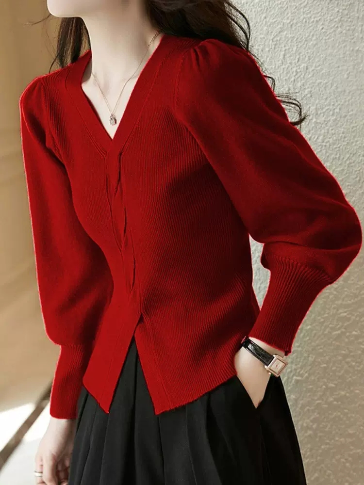 羊毛V领打底衫毛衣女本命年红色