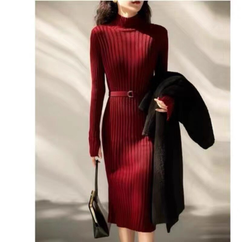 正品哥家女装红色半高领毛衣裙2026新款气质修身中长款针织连衣裙,女装/女士精品,连衣裙,淘宝优惠券,粉丝福利购,淘宝优惠卷