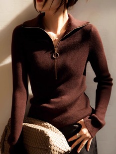 正品哥家品牌女装2026春新款修身拉链翻领羊毛针织衫抗条毛衣女