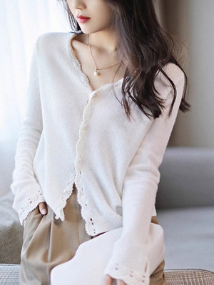 针织开衫V领慵懒风别致上衣显瘦