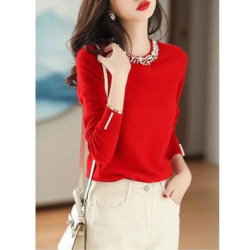 正品哥家女装2025冬新款流行重工钉珠羊毛红色针织打底衫长袖毛衣,女装/女士精品,毛针织衫,淘宝优惠券,粉丝福利购,淘宝优惠卷