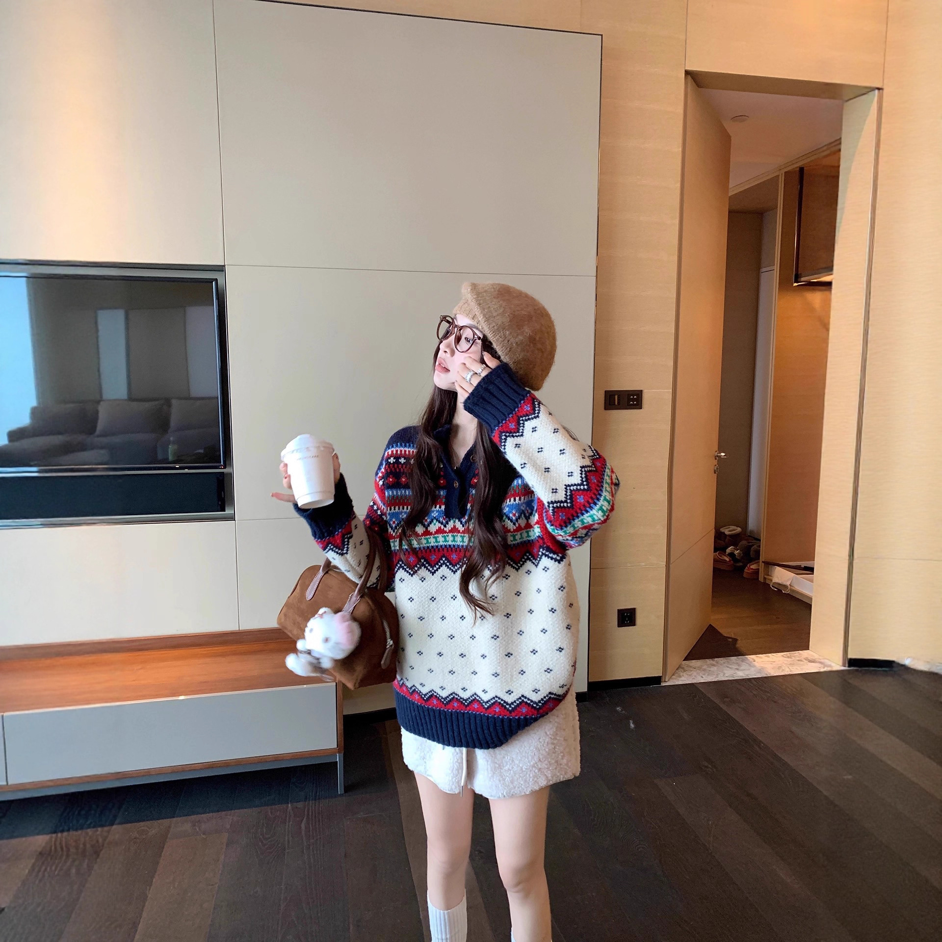 园园美衣衣女2026新款秋冬韩系软糯复古撞色提花半高领套头针织衫