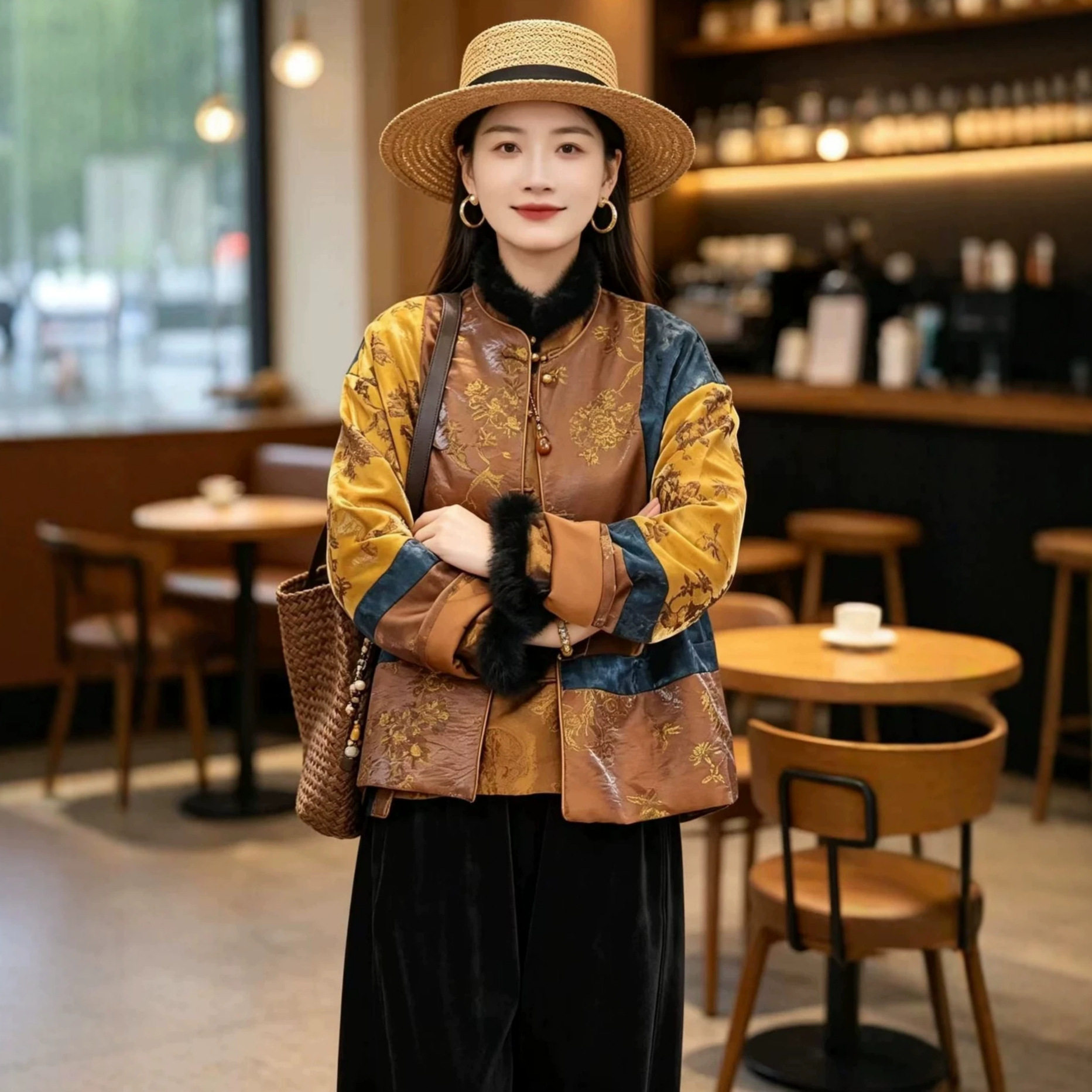 园园美衣秋冬女装复古拼接中式国风老钱国风人丝香云纱加棉外套