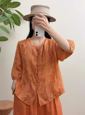 园园美衣季新款文艺烧花苎麻衬衫女复古宽松圆领显瘦休闲开衫上衣