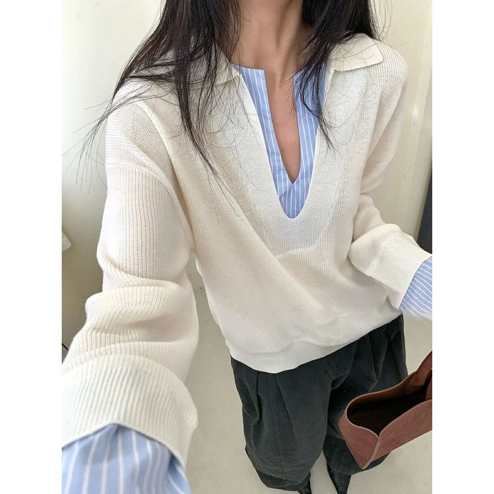 园园美衣26秋冬新款宽松显瘦毛衣女韩式条纹拼接假两件长袖针织衫