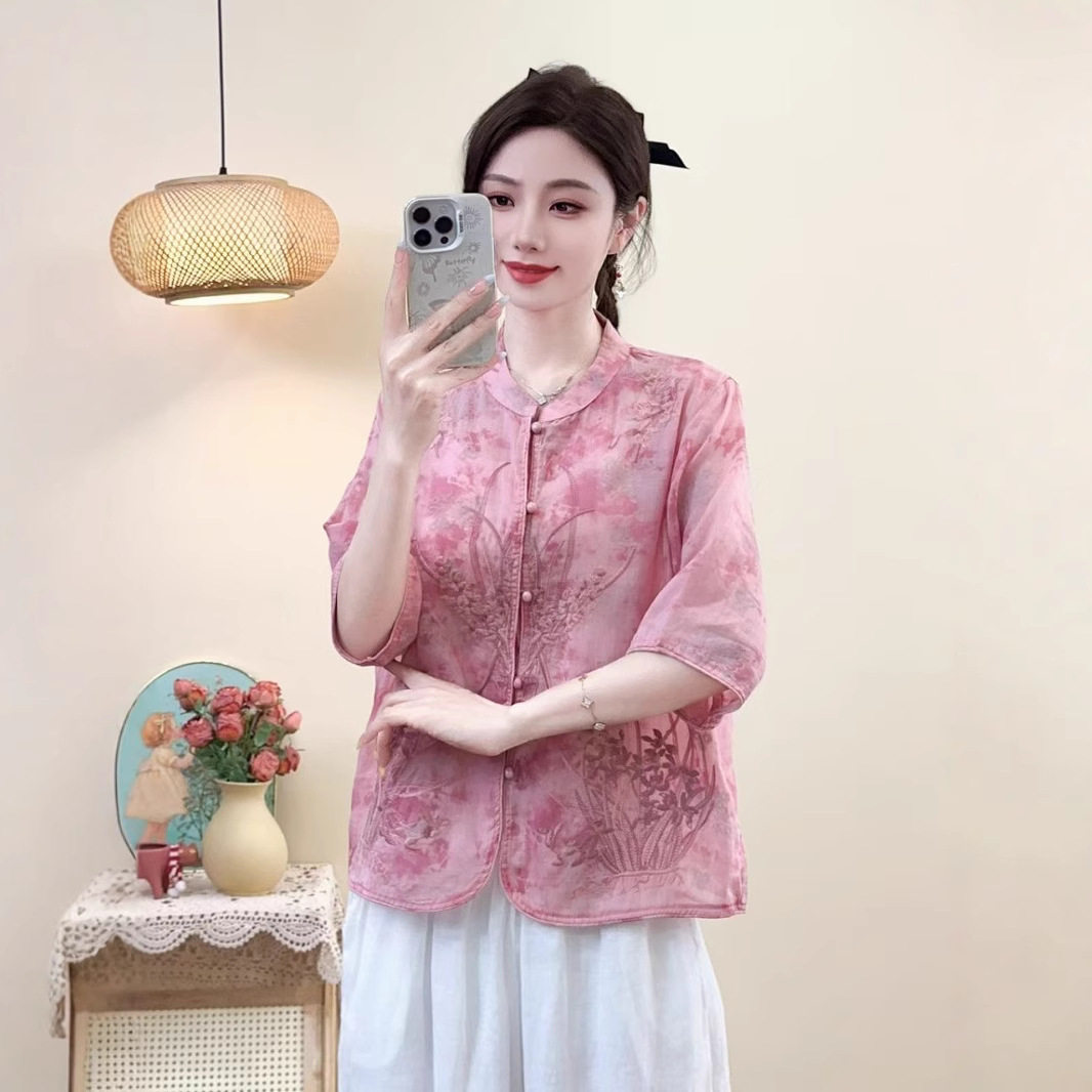 园园美衣全包边立领国风刺绣七分袖复古包扣衬衫民族风扎染小开衫