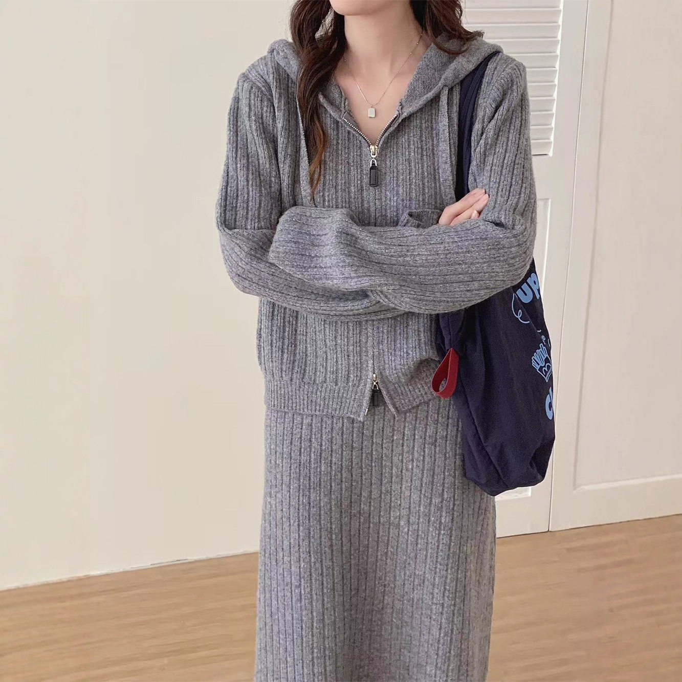 园园美衣韩版休闲连帽拉链针织衫套装女宽松慵懒半身裙毛衣两件套