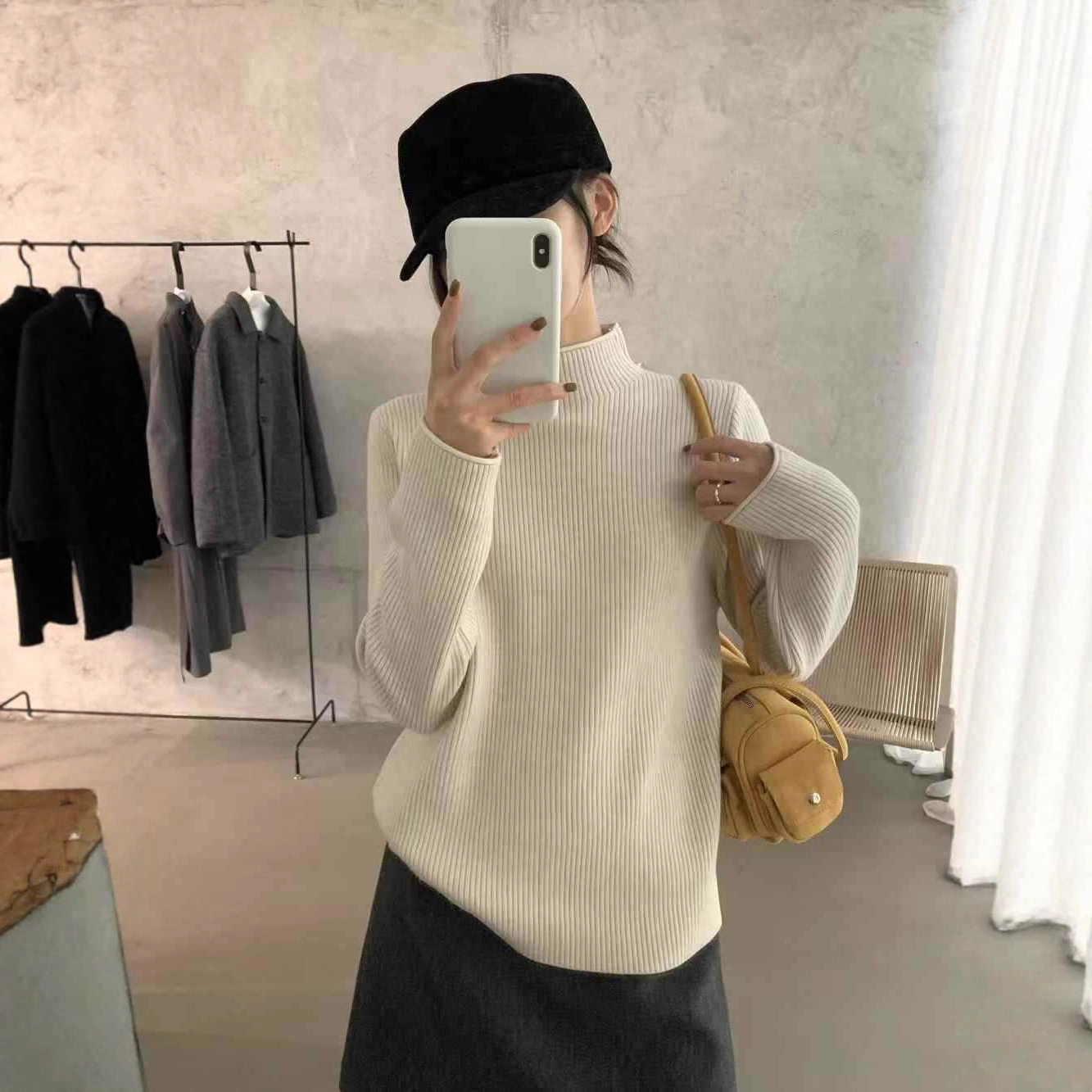 园园美衣款半高领卷边一体绒针织毛衣宽松加绒加厚内搭打底上衣女