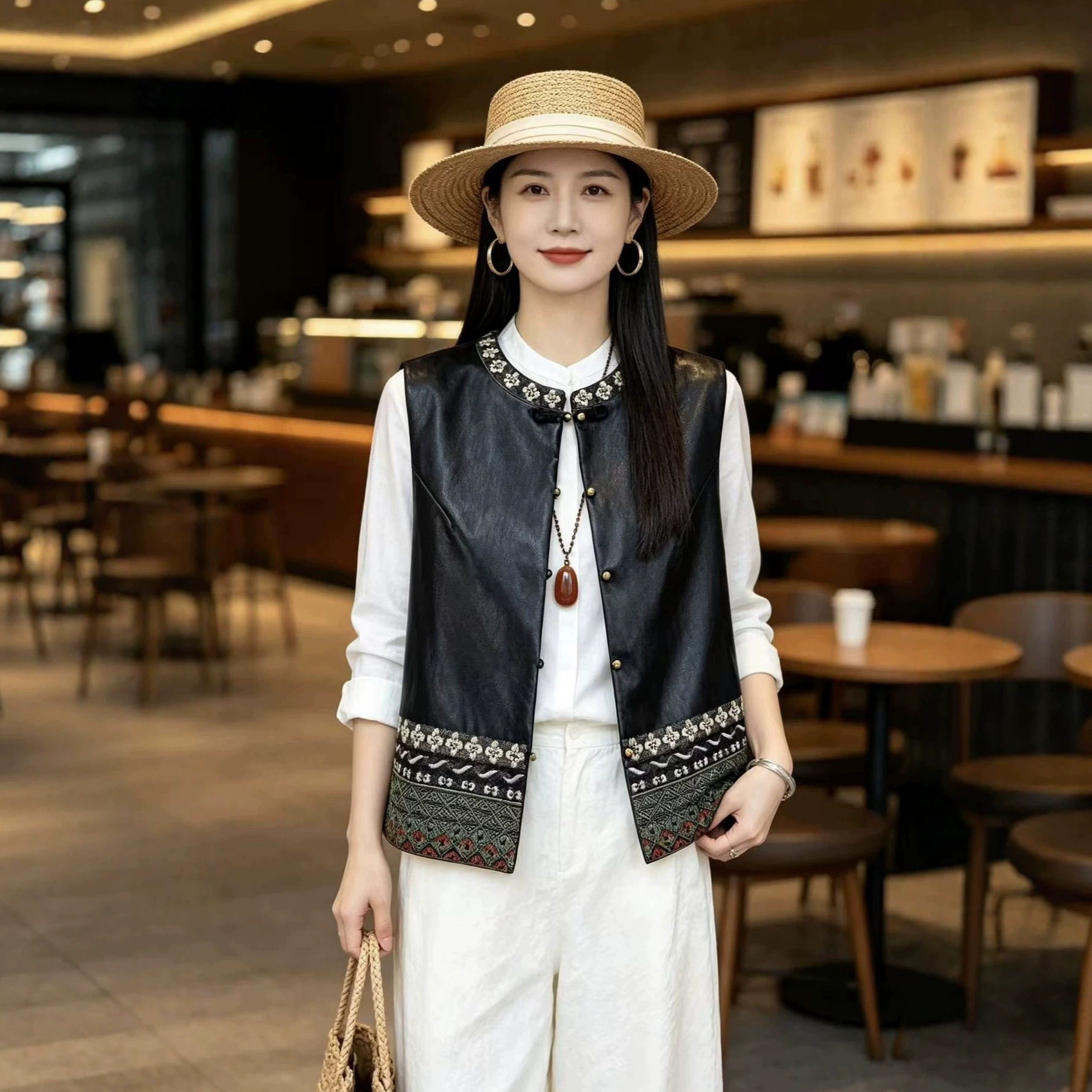 园园美衣国风女装复古重工刺绣皮衣马甲百搭无袖坎肩背心马甲外套图片