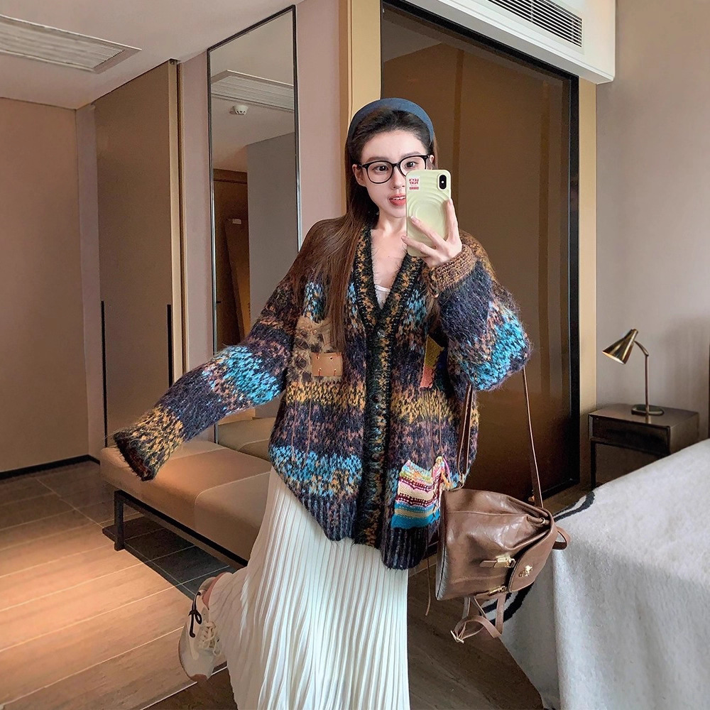 园园美衣v领毛衣外套女2026新款冬季加厚宽松慵懒风针织开衫上衣