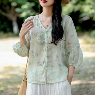 园园美衣26夏季文艺复古苎麻衬衫刺绣轻薄复古轻薄苎麻小衫女上衣