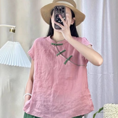 提交清仓园园美衣苎麻小衫女25夏新款立领印花盘扣飞飞袖宽松衬衫