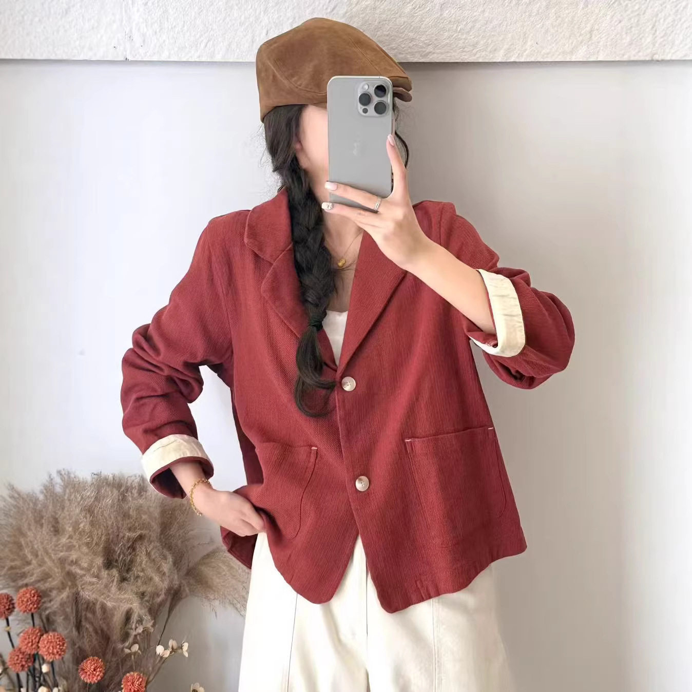 园园美衣外套女棉麻西装外套撞色宽松休闲韩版学院风上衣新款外套