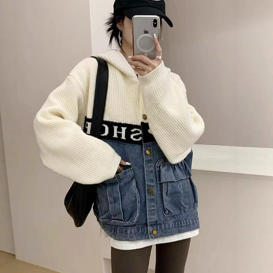 园园美衣韩系字母拼色连帽毛衣外