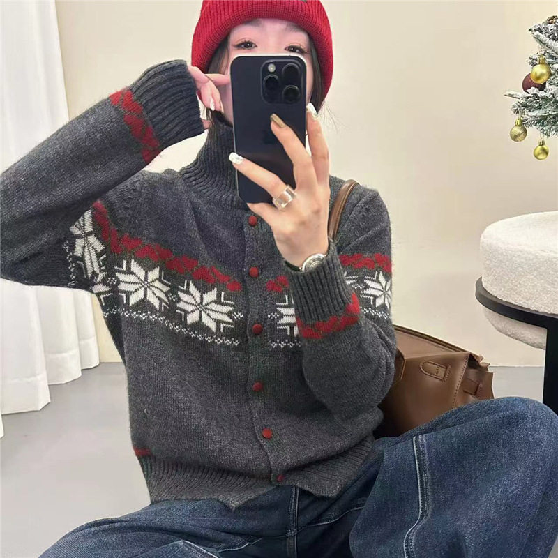 园园美衣端森系费尔岛高领针织开衫女单排扣毛衣减龄显瘦百搭复古