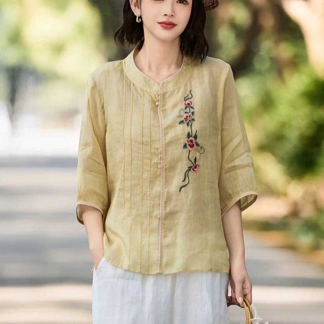 园园美衣季新款文艺立领拼接风琴褶设计T恤复古刺绣文艺上衣衬衫