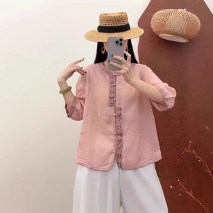 园园美衣女装新中式苎麻七分袖衬衫休闲上衣复古文艺小衫女DY9-1