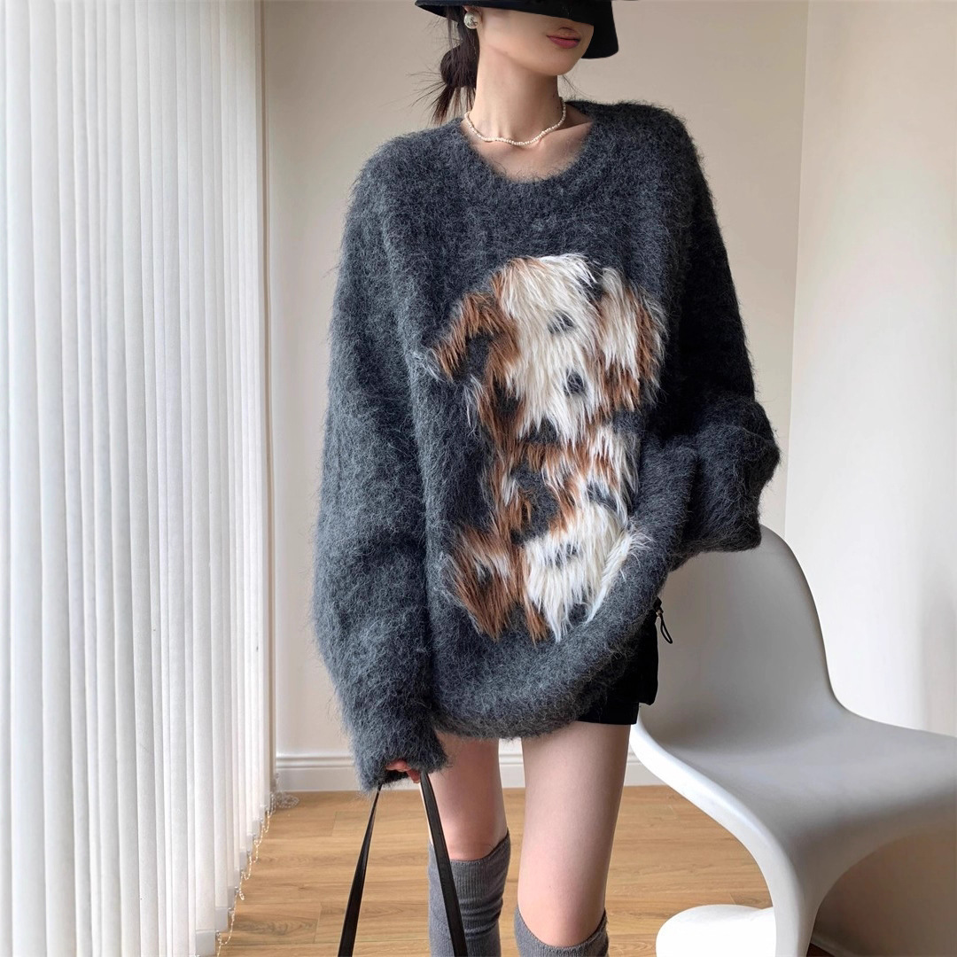 园园美衣秋冬仿貂毛斑点狗提花圆领宽松慵懒毛绒绒毛衣情侣款上衣