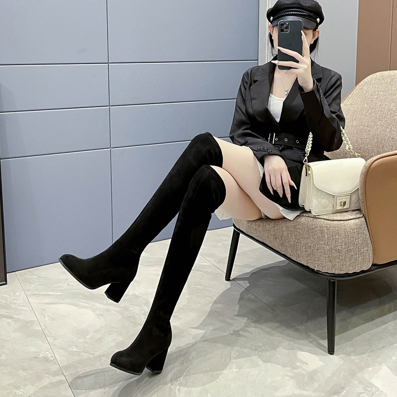 不掉筒瘦瘦靴尖头粗跟过膝靴