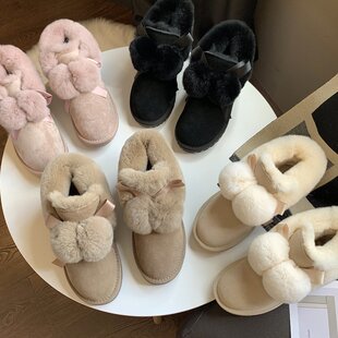 冬季新款毛毛球雪地靴女时尚平底加厚保暖防滑短筒靴子高帮棉鞋