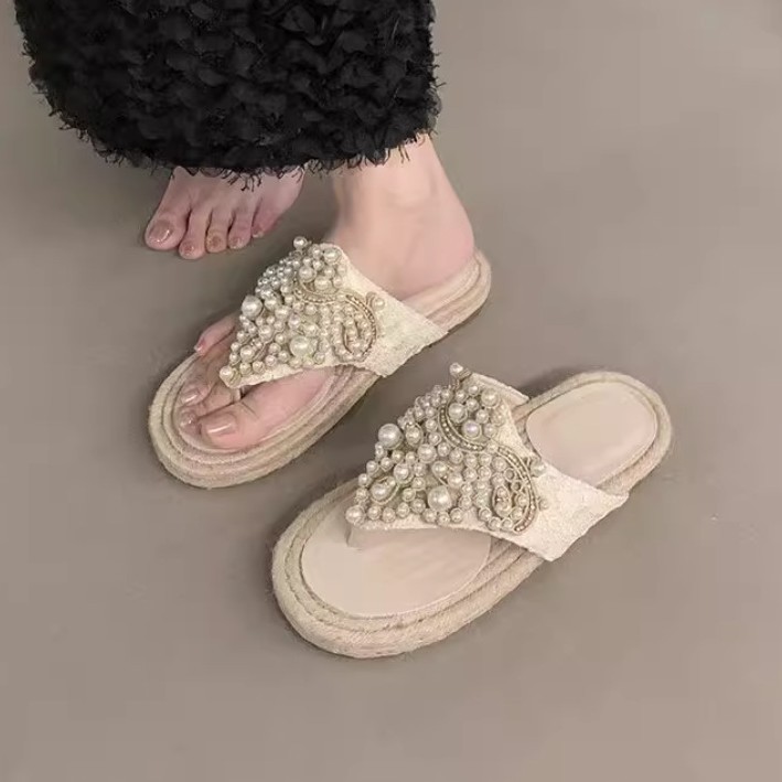 拖鞋女夏外穿亚麻草编人字拖沙滩度假百搭2025夏季新款凉拖鞋