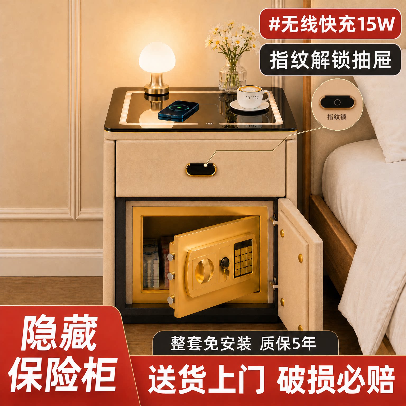 防盗隐藏式床头柜保险箱一体