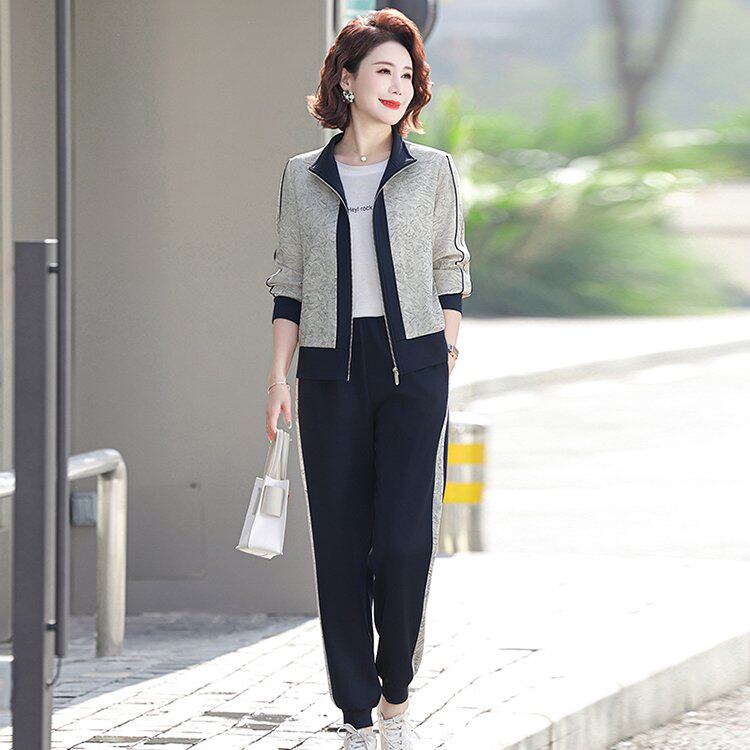 妈妈套装女中年女春装45岁外套新款休闲两件套春秋洋气上衣运动服