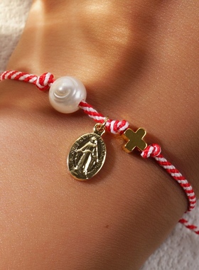 Mlgm新款民族风马尔蒂斯铜珠椭圆铜吊坠十字架大孔珍珠红白绳手链