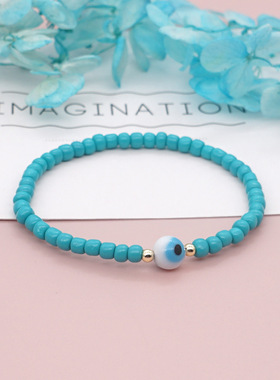 时尚OL个性浅蓝色手链几何型琉璃圆眼睛国产玻璃米珠手链女生闺蜜