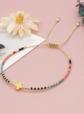 新款简约仿miyuki米珠彩虹串珠十字架百搭叠戴小手链女闺蜜小礼物