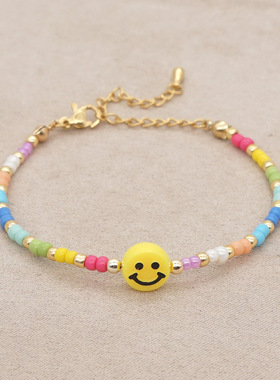 小众设计MGB米珠黄色笑脸手绳 个性简约可调节彩色米珠手链闺蜜款