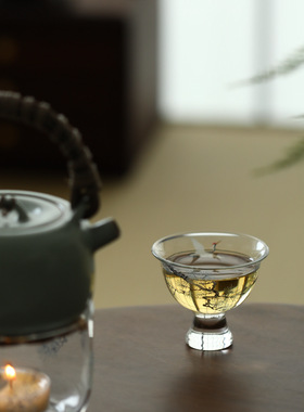 池也青松皓鹤贴花透明高硼砂耐热茶杯子高足玻璃品茗杯主人杯茶器