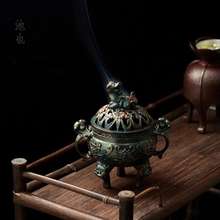 池也三足狻猊香炉家用室内摆件仿古合金香薰炉茶道檀香沉香熏香炉