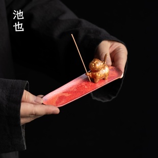 池也纯铜香插香座家用托盘线香香炉室内点香器底座摆件装 饰茶道