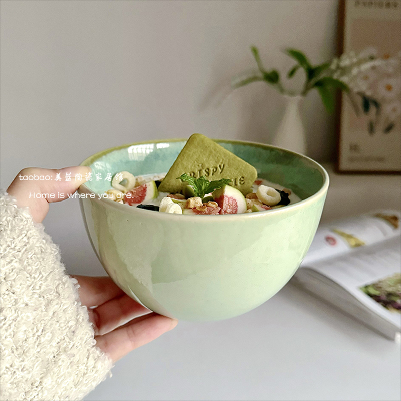 巨美复古绿色陶瓷酸奶泡面早餐碗