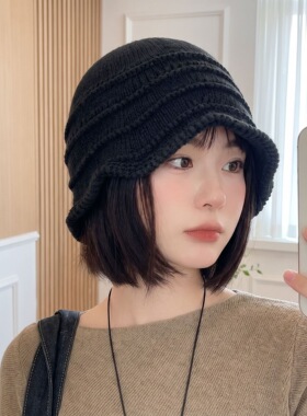 针织帽子女日系甜美可爱手工钩织花边毛线贝雷帽秋冬保暖包头冷帽