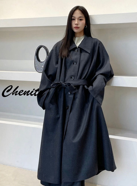 Assignments asgn | 灰色翻领羊毛廓形大衣-带腰带