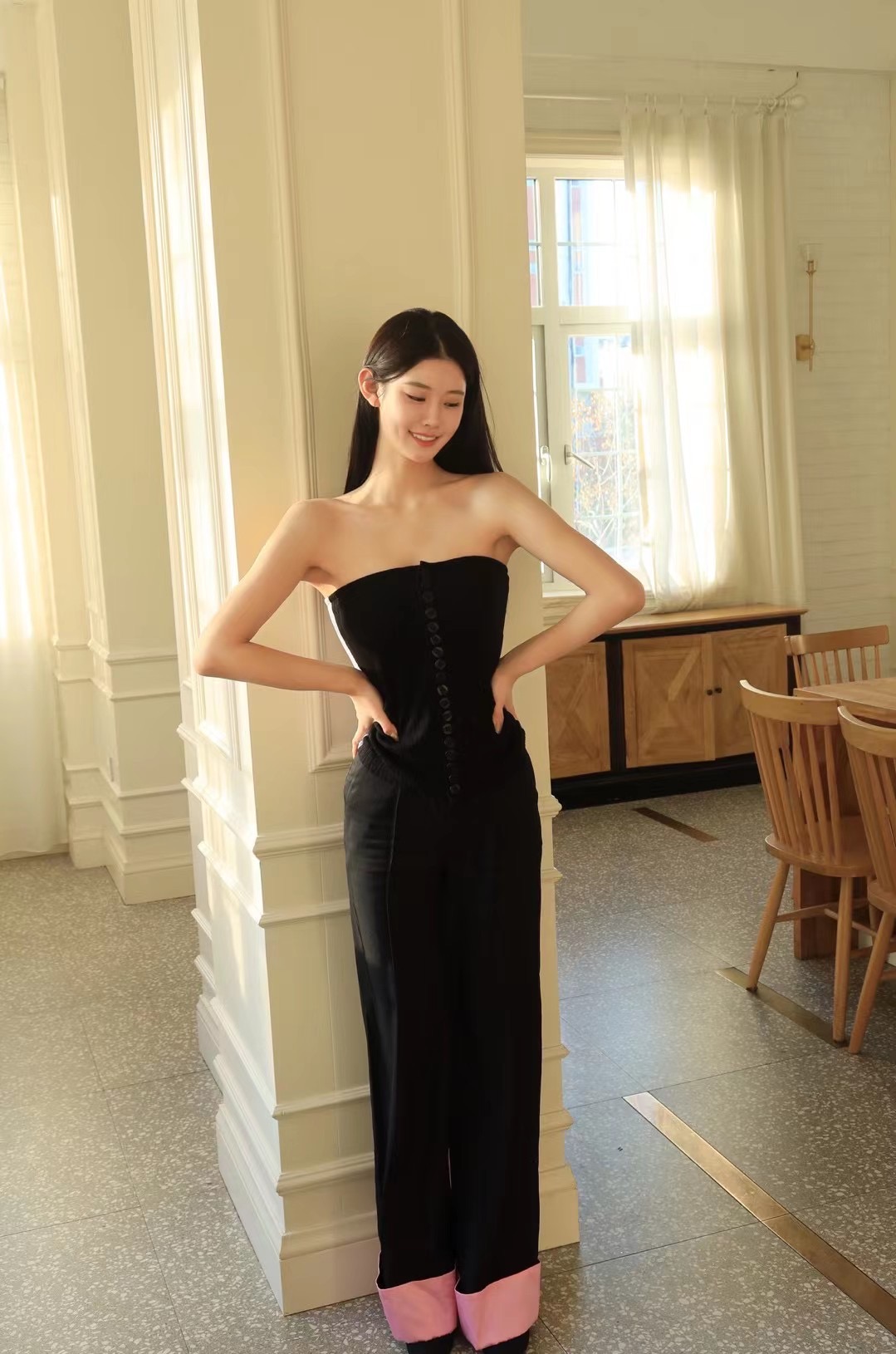 Piacevolee黑色女士直筒长裤子