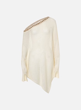 XU ZHI | 26春夏钉珠边亚麻混纺斜肩宽针织上衣