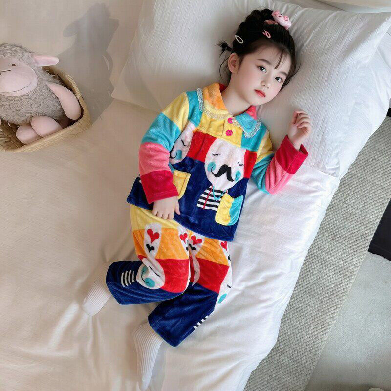 秋冬宝宝女孩子儿童长袖法兰绒睡衣内衣套装秋衣加厚珊瑚绒家居服