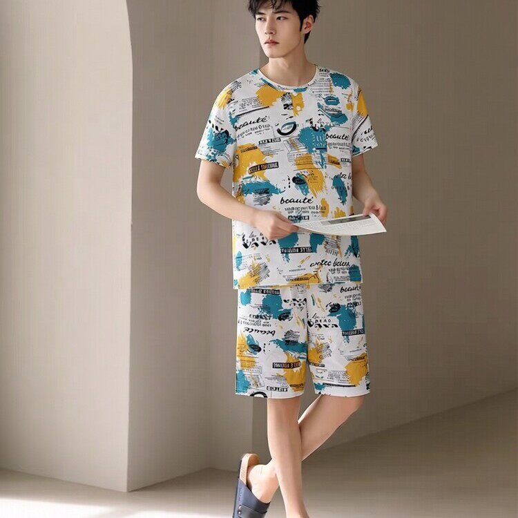 青少年男士夏棉绸宽松薄款睡衣短袖短裤圆领套装人造棉绵绸家居服