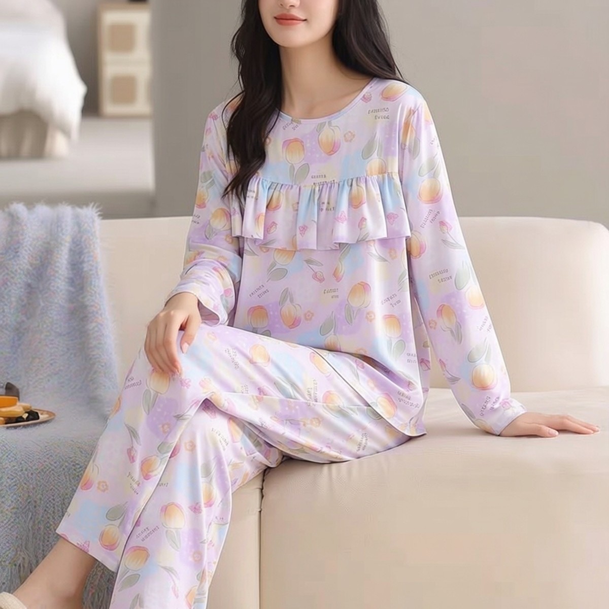 春秋女妈妈长袖东方绸棉绸荷叶边防凸点薄款夏睡衣套装绵绸家居服